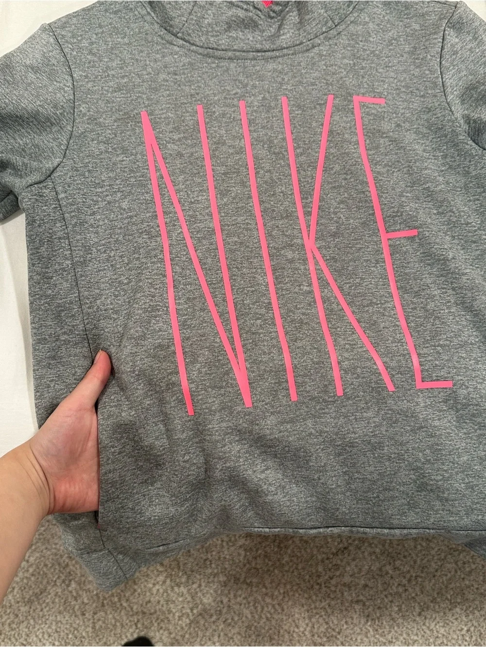 Nike Kids’ Heather Gray Cowl Neck Sweatshirt with Pink NIKE Script